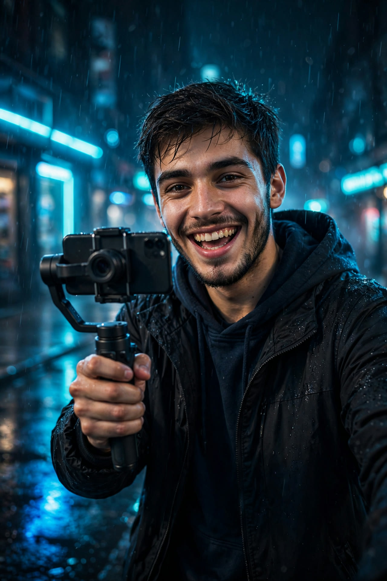 Creator filming himself on a gimbal in a neon street